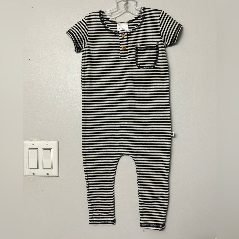 Jax & Lennon Raw hem black and white striped tee romper. Size 12-18m